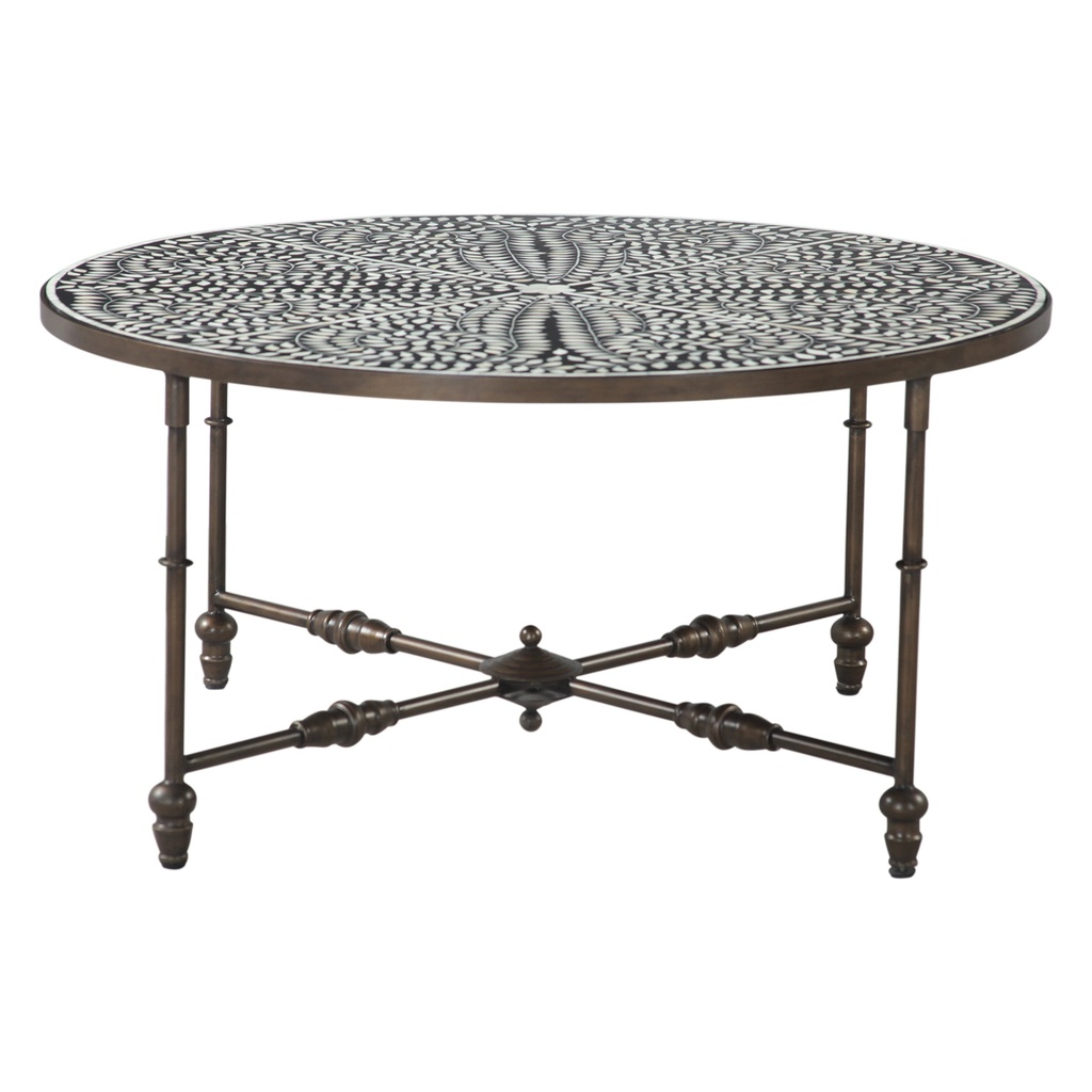 [FFL-CT40BI-BLK] Fleur 40" Coffee Table with Floral Horn Inlay and Iron