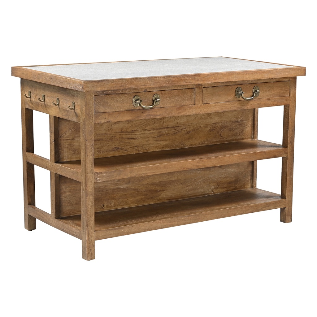 [FMAN-K58NM-WM] Manila 58" Kitchen Island Table with White Marble Top and Natural Mango Base