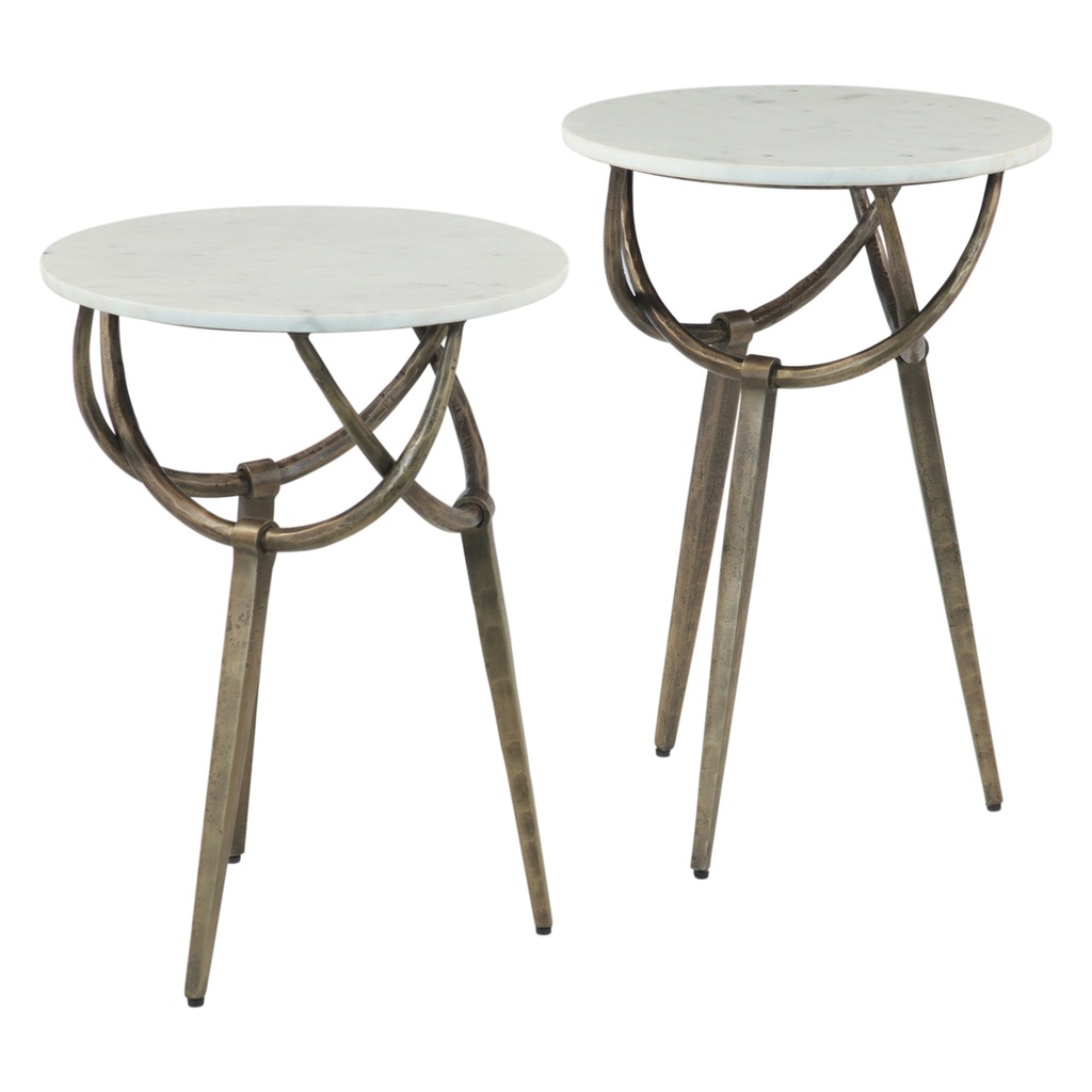 [FMO-NST16WM-S2] Mojave 16" Side Table with White Marble and Antique Brass Base, Set of 2