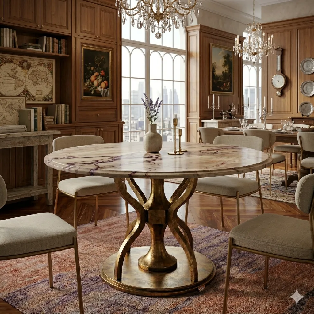 [FMU-RD48SWAG] Malibu 48" Round Table in Sawar Marble with Antique Gold Base