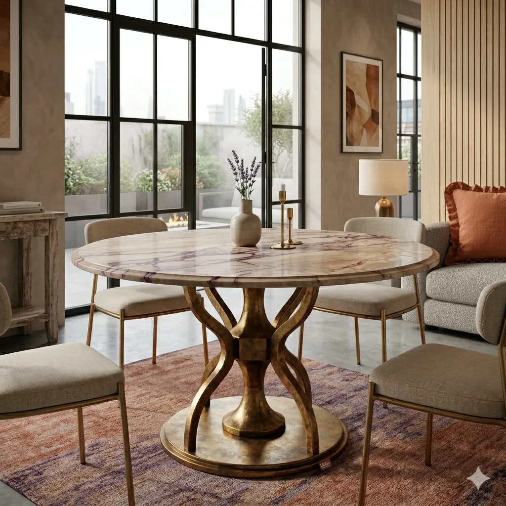 Malibu 48" Round Table in Sawar Marble with Antique Gold Base