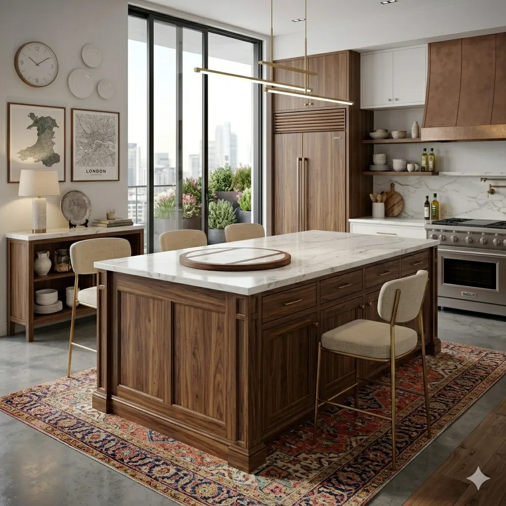[FWL-K68-WM-WN] Wales 68" Kitchen Island in Walnut Brown with White Marble Top